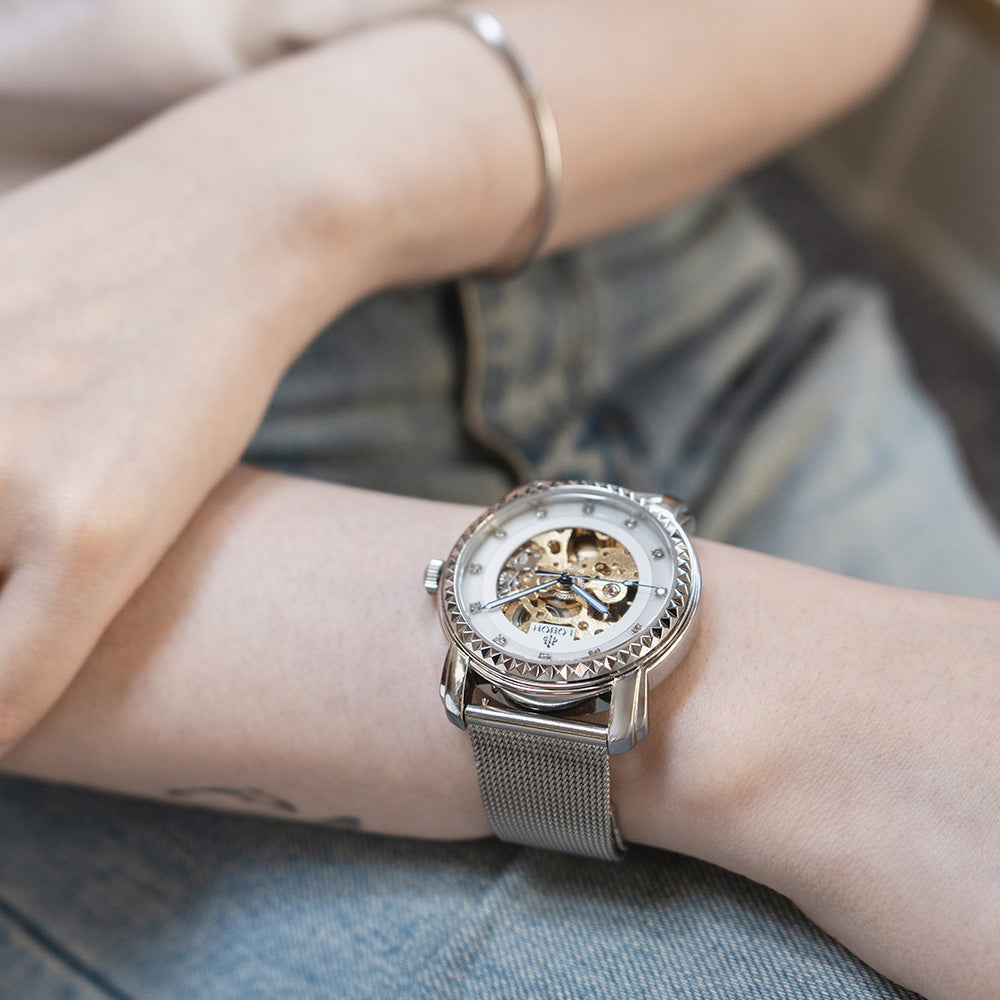 Silver skeleton automatic watches for men