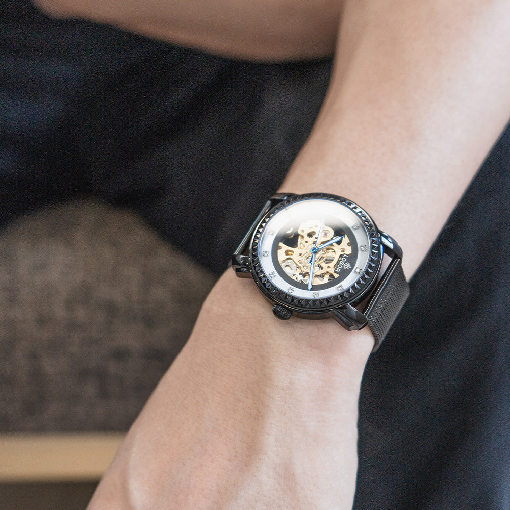 Black skeleton automatic watches for men
